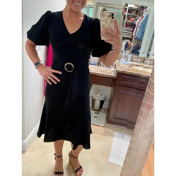 Shoshanna Esmeralda Puff-Sleeve Crepe Dress in Jet Black sz 2 NWT - Picture 3 of 16